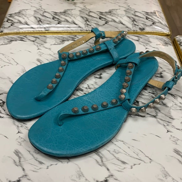 Balenciaga Shoes - Balenciaga Blue Silver Studded Leather  T-Strap Sandals Size 37.5